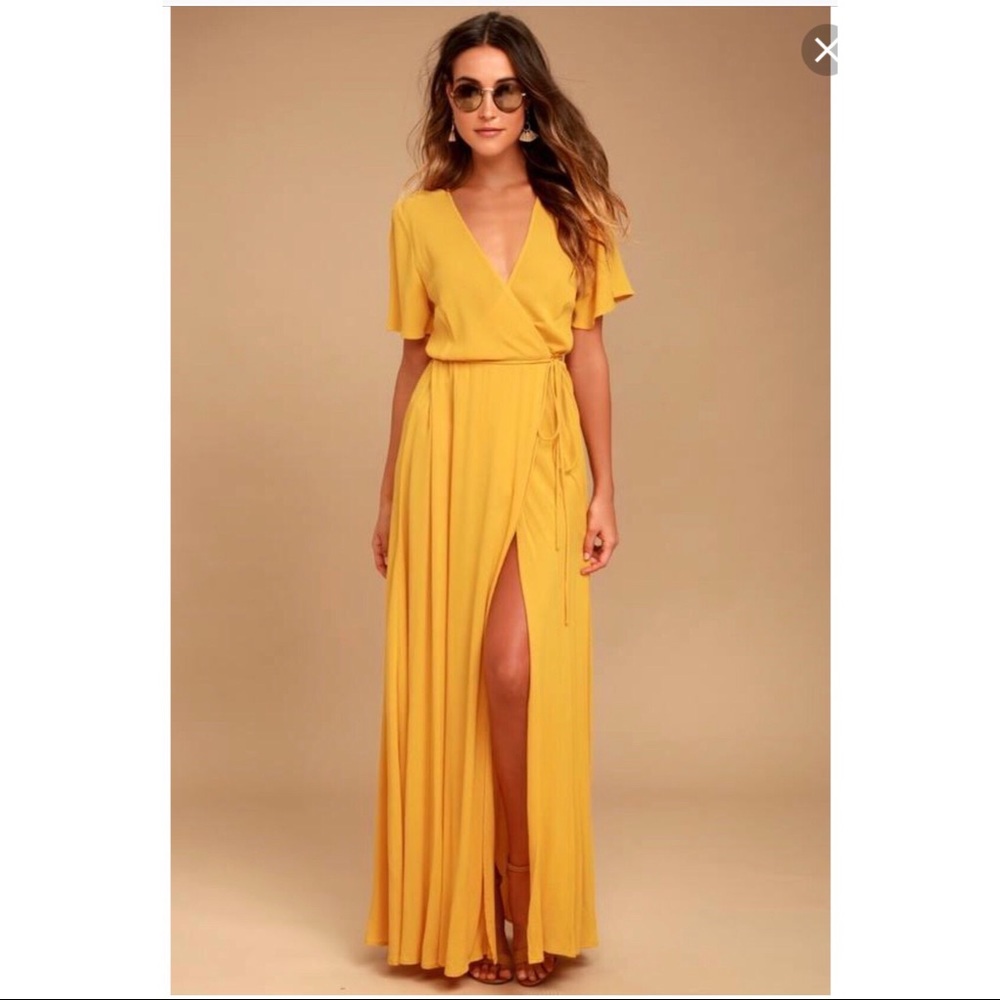 Lulu's much obliged golden yellow wrap dress.